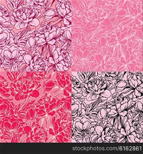 Seamless pattern with Realistic handdrawn flowers - peony - background in pink, red, white and black colors.