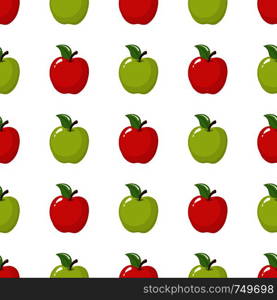 Seamless pattern with red and green apples on white background. Organic fruit. Cartoon style. Vector illustration for design, web, wrapping paper, fabric, wallpaper.