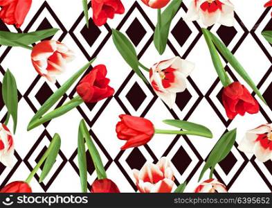 Seamless pattern with red and white tulips. Beautiful realistic flowers, buds and leaves. Seamless pattern with red and white tulips. Beautiful realistic flowers, buds and leaves.