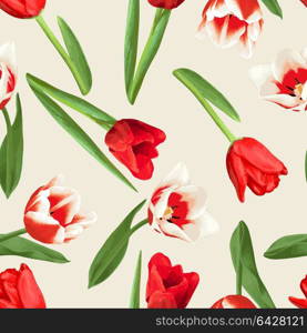 Seamless pattern with red and white tulips. Beautiful realistic flowers, buds and leaves. Seamless pattern with red and white tulips. Beautiful realistic flowers, buds and leaves.