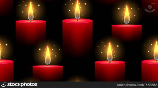 Seamless pattern with red burning candles on a dark background. Vector texture in clipping mask for fabrics, backgrounds and your creativity. Seamless pattern with red burning candles on a dark background. Vector texture