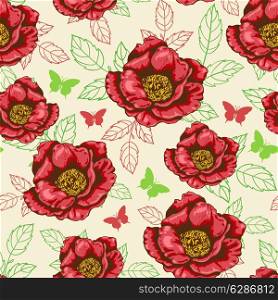Seamless pattern with red flowers and leaves