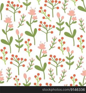 Seamless pattern with red flowers berries and green leaves