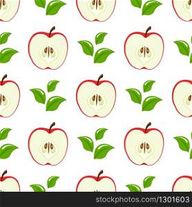 Seamless pattern with red half apples and leaves on white background. Organic fruit. Cartoon style. Vector illustration for design, web, wrapping paper, fabric, wallpaper.