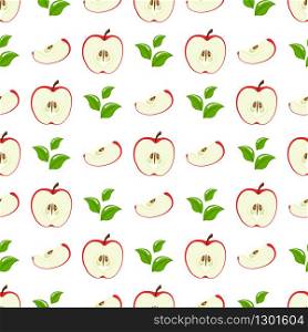 Seamless pattern with red half slice apples and leaves on white background. Organic fruit. Cartoon style. Vector illustration for design, web, wrapping paper, fabric, wallpaper.