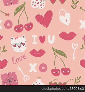 Seamless pattern with red hearts, declarations of love and more. Valentine’s day background with symbols of love, romance and passion. Vector illustration for wrapping paper, wallpaper.. Seamless pattern with red hearts, declarations of love and more. Valentine’s day background with symbols of love, romance and passion.