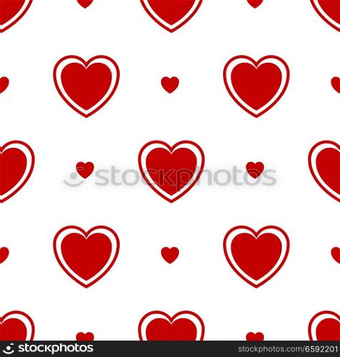 Seamless pattern with red hearts isolated on white background. Series of hearts of different shape endless texture. Wallpaper, wrapping paper design vector illustration of modern textile fabric. Seamless Pattern with Red Hearts Isolated on White