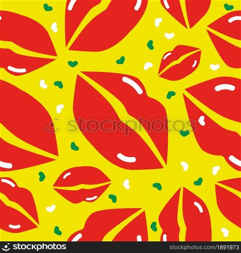 Seamless pattern with red kissing lips on yellow background. Vector illustration.