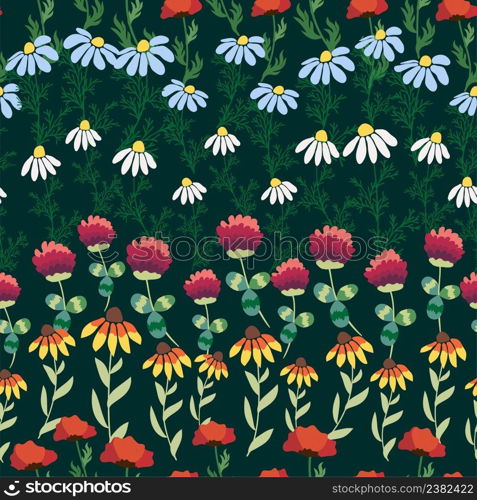 Seamless pattern with red poppies, white chamomile flowers, yellow rudbeckia. Summer flower field, meadow. Print for textile, fabric, wrapping gift paper.. Seamless pattern with red poppies, white chamomile flowers, yellow rudbeckia. Summer flower field, meadow.