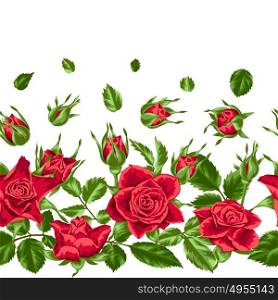 Seamless pattern with red roses. Beautiful realistic flowers, buds and leaves. Seamless pattern with red roses. Beautiful realistic flowers, buds and leaves.