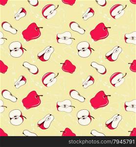 Seamless pattern with red sliced apples in different positions . Sketch style