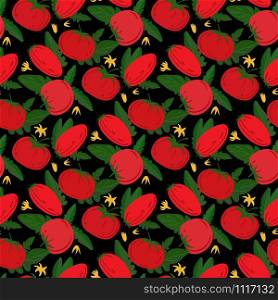 Seamless pattern with red tomatoes on black background. Cherry tomatoes wallpaper. Design for fabric, textile print, wrapping paper, textile, restaurant menu. Vector illustration. Seamless pattern with red tomatoes on black background.