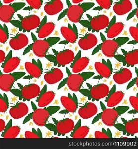 Seamless pattern with red tomatoes on white background. Cherry tomatoes wallpaper. Design for fabric, textile print, wrapping paper, textile, restaurant menu. Vector illustration. Seamless pattern with red tomatoes on white background.