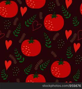 Seamless pattern with red tomatoes. Red hearts in simple outline style. Vector illustration.. Seamless pattern with red tomatoes.