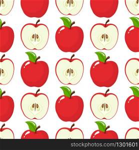 Seamless pattern with red whole and half apples on white background. Organic fruit. Cartoon style. Vector illustration for design, web, wrapping paper, fabric, wallpaper.