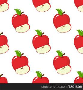 Seamless pattern with red whole and slice apples on white background. Organic fruit. Cartoon style. Vector illustration for design, web, wrapping paper, fabric, wallpaper.