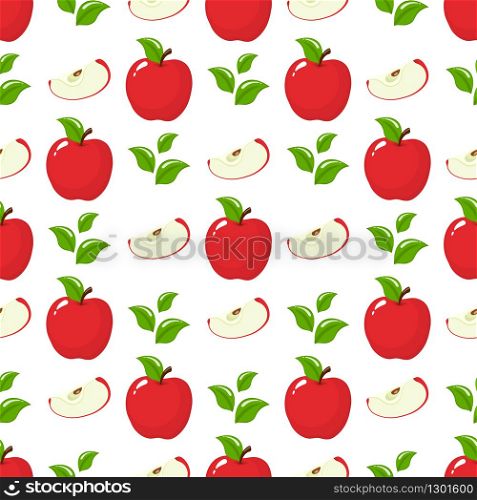 Seamless pattern with red whole slice apples and leaves on white background. Organic fruit. Cartoon style. Vector illustration for design, web, wrapping paper, fabric, wallpaper.