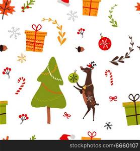 Seamless pattern with reindeer, Christmas decorative candies, viburnum red berries and maple leaves, decorated Christmas tree and presents in gift boxes, balls and bows on white endless vector texture. Seamless Pattern with Reindeer, Christmas Candies