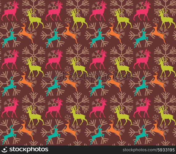 Seamless pattern with reindeers and christmas snowflakes, vector illustration