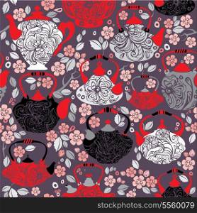 Seamless pattern with retro design china tea pots and sakura flowers - vintage background.