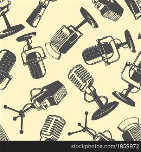 Seamless pattern with retro microphones in monochrome style. Design element for poster, card, banner. Vector illustration