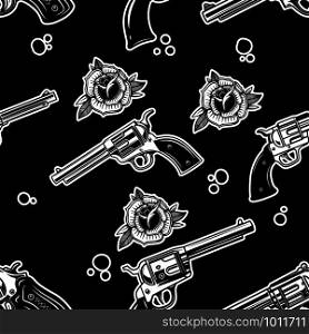 Seamless pattern with revolvers and roses. Design element for poster, card, banner, t shirt. Vector illustration
