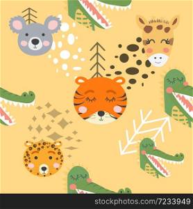 Seamless pattern with rhinoceros, elephant, crocodile. Creative bay animals background. Perfect for kids. Seamless pattern with rhinoceros, elephant, crocodile. Creative bay animals background.