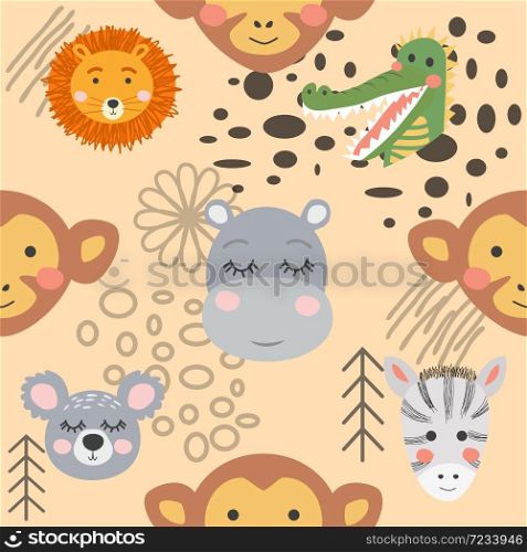 Seamless pattern with rhinoceros, elephant, crocodile, whale. Creative bay animals background. Perfect for kids. Seamless pattern with rhinoceros, elephant, crocodile. Creative bay animals background.