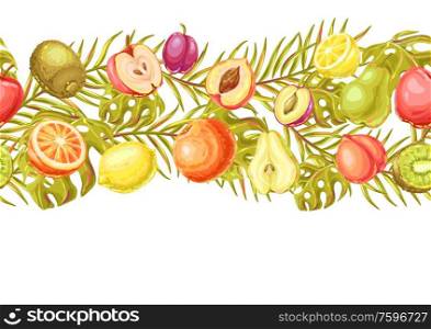 Seamless pattern with ripe fruits and palm leaves. Tropical vegetarian food decorative illustration.. Seamless pattern with ripe fruits and palm leaves.
