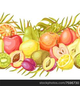 Seamless pattern with ripe fruits and palm leaves. Tropical vegetarian food decorative illustration.. Seamless pattern with ripe fruits and palm leaves.