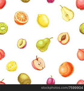 Seamless pattern with ripe fruits. Tropical vegetarian food decorative illustration.