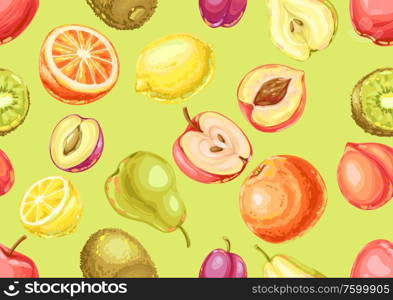 Seamless pattern with ripe fruits. Tropical vegetarian food decorative illustration.