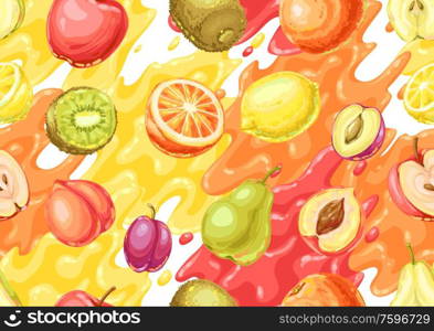 Seamless pattern with ripe fruits. Tropical vegetarian food decorative illustration.. Seamless pattern with ripe fruits.