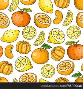Seamless pattern with ripe juicy citrus fruit. Hand drawn vector background. Lemon, orange and tangerine fruits on a white background.