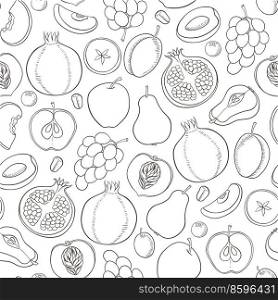 Seamless pattern with ripe juicy fruits. Hand drawn vector background. Apple, peach, grape, plum and pomegranate fruits on a white background.