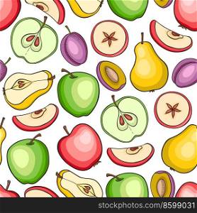 Seamless pattern with ripe juicy fruits. Hand drawn vector background. Apple, plum and pear fruits on a white background.