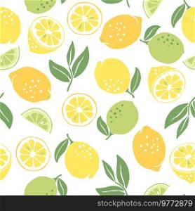 Seamless pattern with ripe lemons and limes. Decorative stylized fruits and leaves.. Seamless pattern with ripe lemons and limes. Decorative fruits and leaves.
