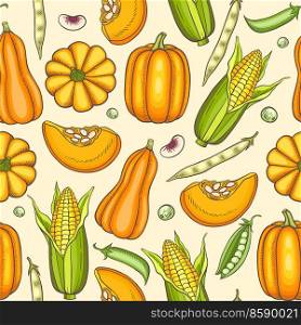 Seamless pattern with ripe orange pumpkins and corn. Hand drawn vector background. 