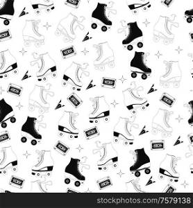 Seamless pattern with roller skates and cassette tapes. Retro hand drawn laced boots, black and white vector illustration