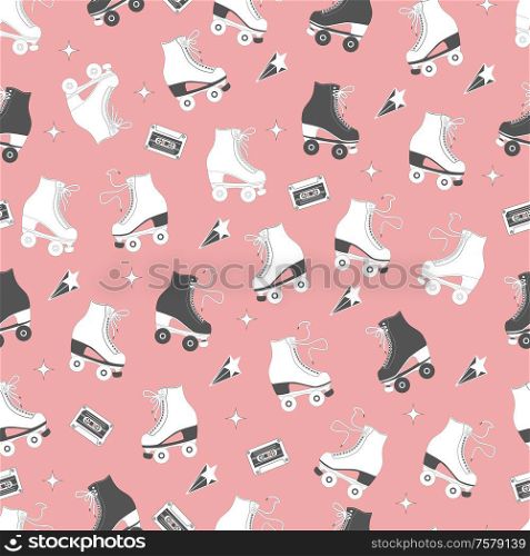 Seamless pattern with roller skates and cassette tapes. Retro hand drawn laced boots, colorful vector illustration