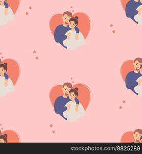 Seamless pattern with romantic couple in love. Happy people hugging on pink background with hearts. Vector illustration. endless background valentine, for festive packaging, textiles, printing