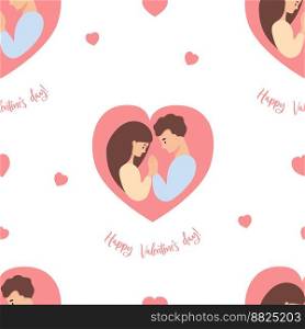 Seamless pattern with romantic couple in love. Happy people in heart with inscription Happy Valentines Day on white background. Vector illustration. endless background valentine, packaging, textiles