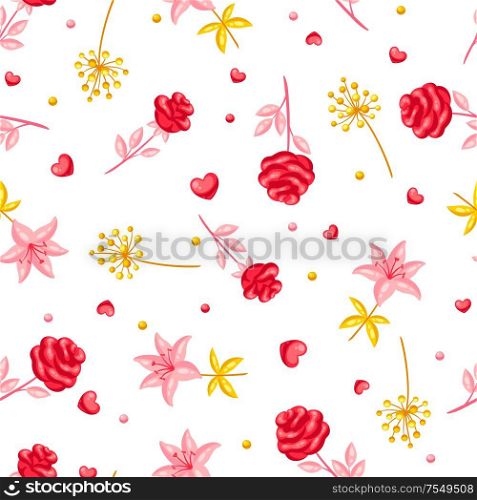 Seamless pattern with romantic flowers. Valentine Day background. Beautiful decorative plants and hearts.. Seamless pattern with romantic flowers. Valentine Day background.