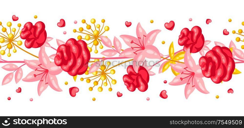 Seamless pattern with romantic flowers. Valentine Day background. Beautiful decorative plants and hearts.. Seamless pattern with romantic flowers. Valentine Day background.