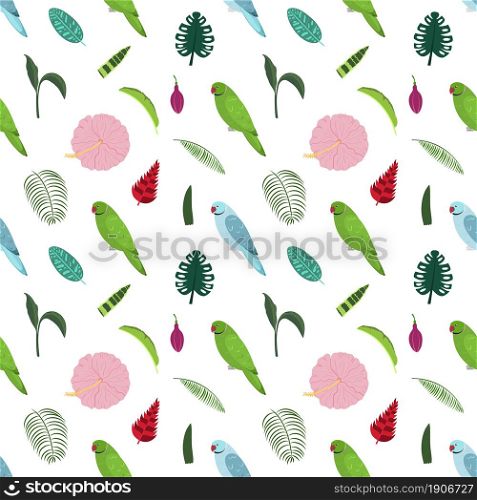 Seamless pattern with rose ringed parrots green and blue, tropical leaves and flowers. Cute baby print for fabric and textile.. Seamless pattern with rose ringed parrots green and blue, tropical leaves and flowers.