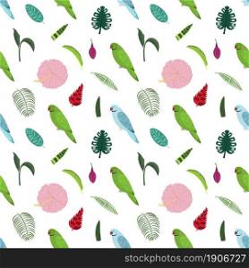 Seamless pattern with rose ringed parrots green and blue, tropical leaves and flowers. Cute baby print for fabric and textile.. Seamless pattern with rose ringed parrots green and blue, tropical leaves and flowers.