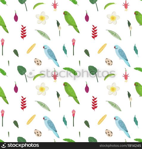 Seamless pattern with rose ringed parrots, tropical leaves, flowers and egg. Cute baby print for fabric and textile.. Seamless pattern with rose ringed parrots, tropical leaves, flowers and egg