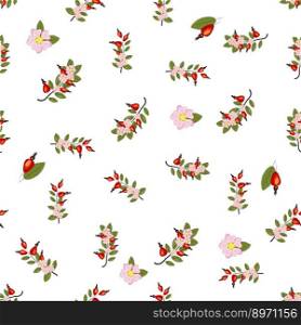 Seamless pattern with rosehip berries and flowers. Collection of various berries, herbs, twigs. Seamless pattern with rosehip berries and flowers. Collection of various berries, herbs