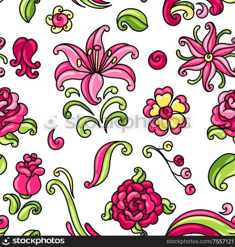 Seamless pattern with roses and lilies. Beautiful decorative flowers, buds and leaves.. Seamless pattern with roses and lilies.