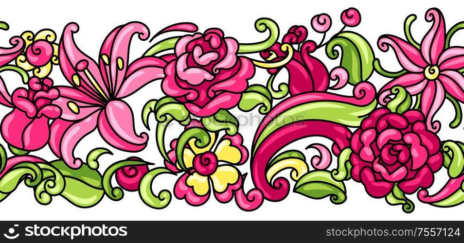 Seamless pattern with roses and lilies. Beautiful decorative flowers, buds and leaves.. Seamless pattern with roses and lilies.